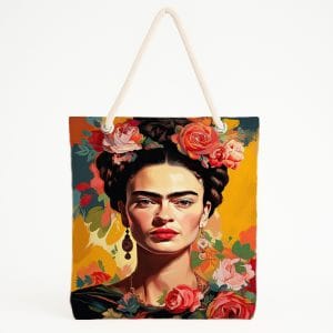 Frida Portreli Çiçek Desenli Sarı Zeminli Plaj Çantası