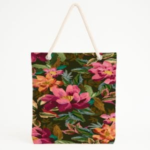 Koyu Yeşil Zeminli Çiçekli Plaj Çantası