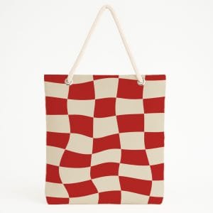 Bej-Kırmızı Dalgalı Kare Desenli Plaj Çantası