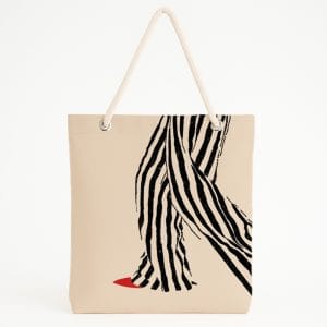 Bej Zeminli Yürüyen Figür Desenli Plaj Çantası