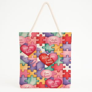 Sevgililer Günü Hediye Plaj Çantası, Kalp Ve Bulut Baskılı Tote Bag